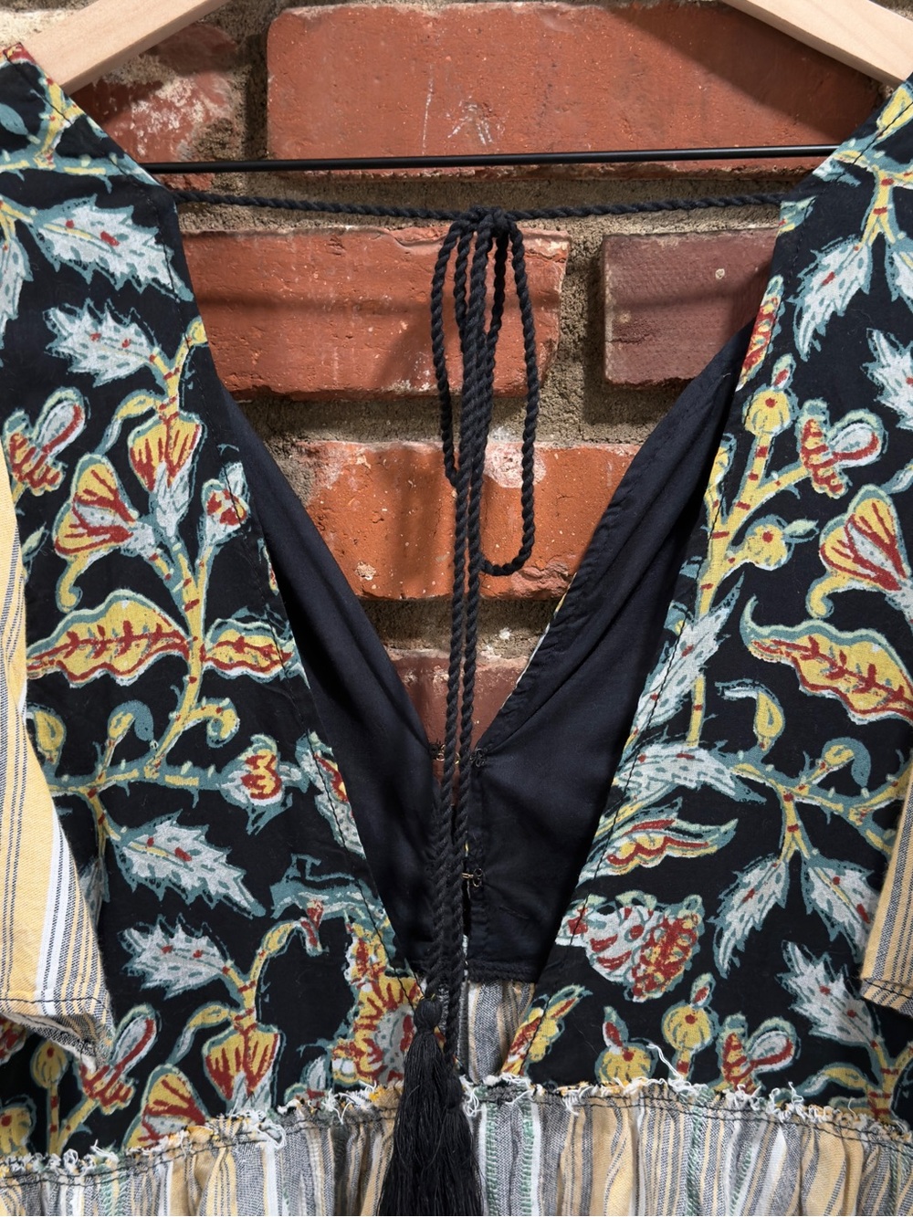 Free People Under the Sun Tunic dress black combo boho floral striped small FLAW - Picture 10 of 16